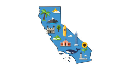A colorful illustration of California state map with various local icons and landmarks across America.
