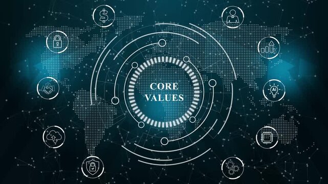 shows glowing neon line banner of CORE VALUES concept with icons of responsibility, customers, integrity, goals, teamwork, Abstract technology data connection symbols on a deep cyan color background.