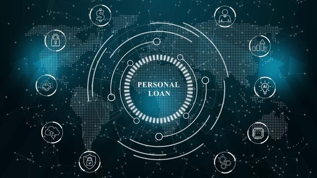 Animated personal loan concept with global financial and business growth elements, Internet infrastructure concept. Abstract technology data connection symbols on a deep cyan color background.
