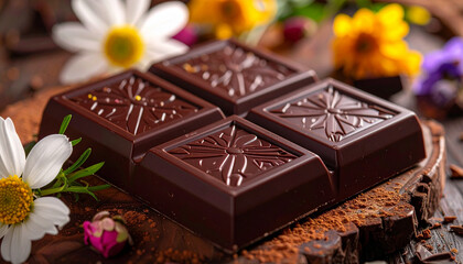 Square dark chocolate with a floral arrangement. Valentine's Day gift concept.