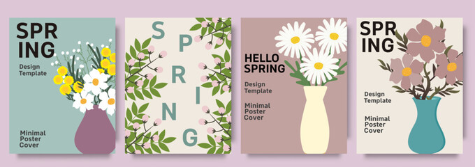 Spring greeting card set with flower bouquets in vases and floral leaves, elegant flat vector design © Oksana Kalashnykova