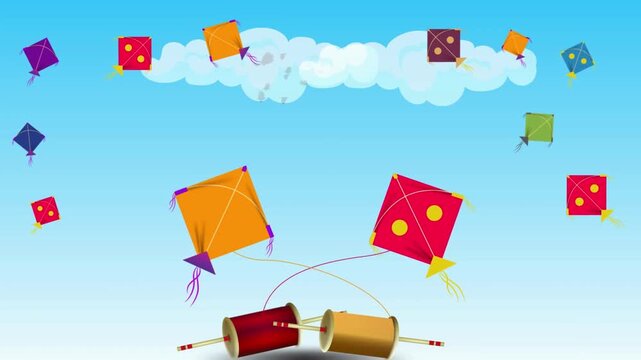 Colorful Kites Flying in Blue Sky with Spools Cartoon Animation Background