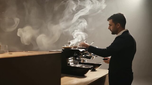 A stylish barista expertly operates a sleek coffee machine, engulfed in thick, dramatic clouds of steam and smoke, highlighting the intense brewing process over several seconds.