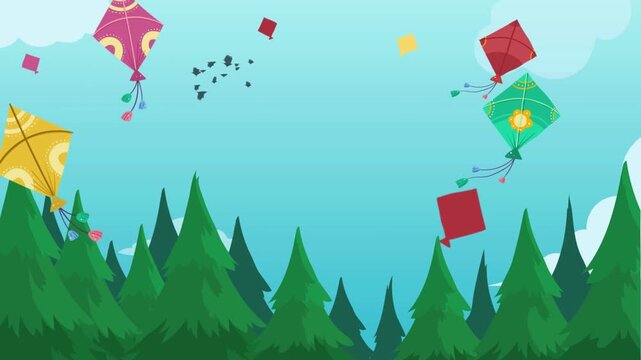 Animated scene of colorful kites flying over a green forest