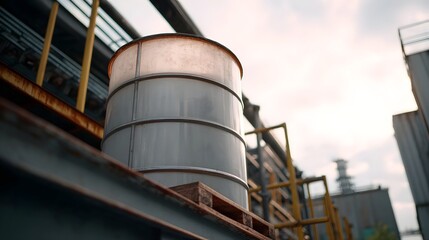 Obraz premium A large translucent industrial container sits on a wooden pallet within a sprawling factory complex at dusk