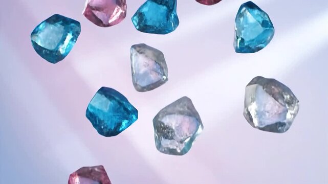 Slow motion tumbling of ruby red and sapphire blue glossy candy jewels