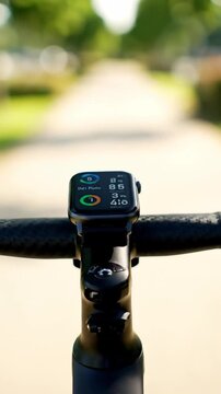 Bicycle dashboard shows speed and distance while riding on path. Clear setting with trees lining both sides. Concept of cycling, fitness, outdoor activity