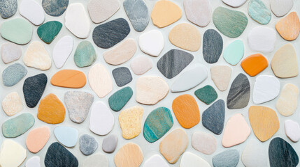 Vibrant and irregular mosaic tile background featuring multicolored, smoothed ceramic stones mimicking natural river pebbles and slate textures for modern interior design.