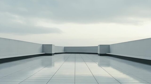 Minimalist architecture featuring a grey concrete wall with panel divisions and an empty tiled floor creating an abstract, industrial background, emphasizing texture and stark simplicity