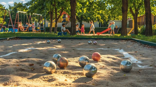 Metallic and colorful bocce balls arranged on a sandy court, with children playing on a distant playground.