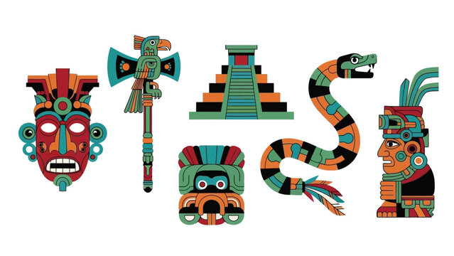 Aztec Mayan Civilization Symbols: Mask, Serpent, Pyramid, Warrior Icon, Axe