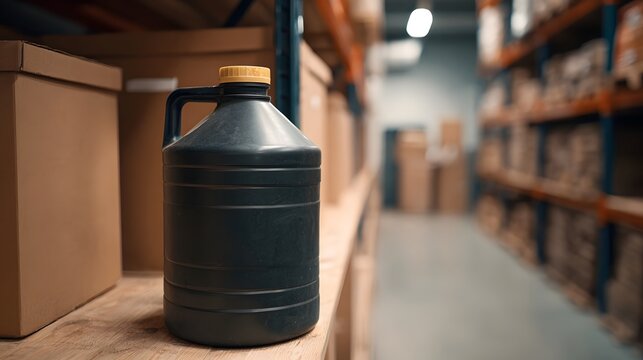 A dark industrial jug with a yellow cap sits on a shelf in a warehouse among cardboard boxes and storage racks