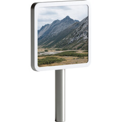 Sign showing a view of a gray mountain and the valley below it.