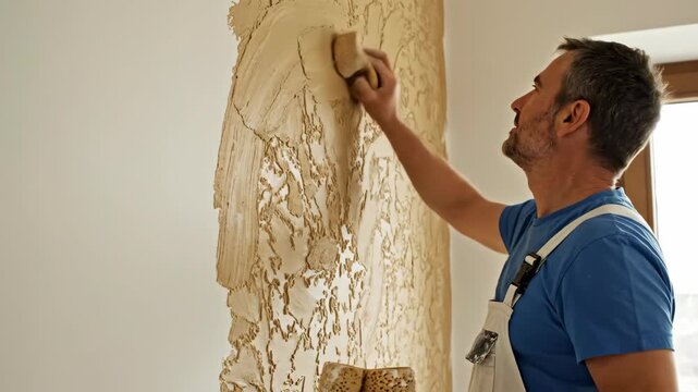 Professional painter applying textured plaster to a wall with a sponge. Man in overalls creating a decorative relief pattern during home renovation. Interior design and construction concept