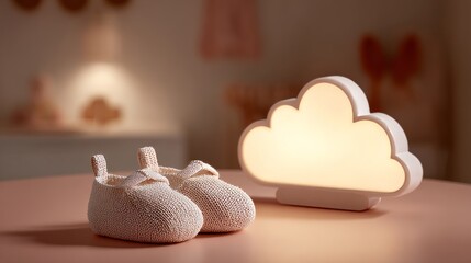baby shoes and on a table, a cloud-shaped night light background