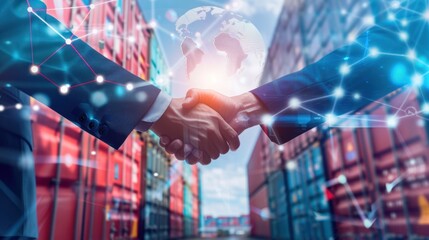 Businesspeople Handshake in Modern Container Port with Digital Overlay