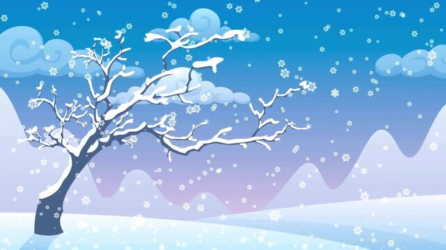 Stylized winter landscape snowy tree illustration background