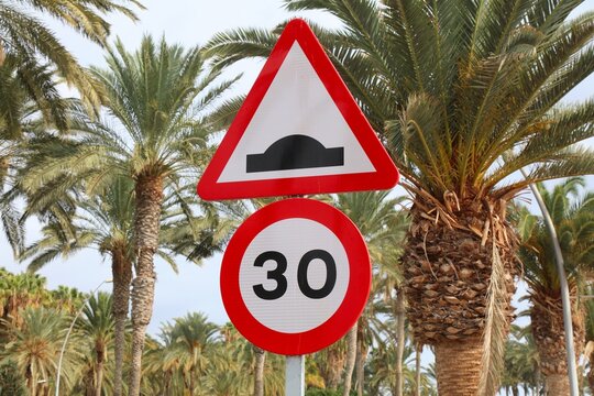 30 kph speed limit and slow bump sign. Road sign in Fuerteventura, Spain.