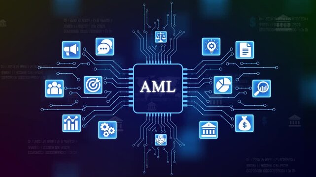 Anti Money Laundering A M L Concept with and Circuit Board Background for Finance and Banking Presentations