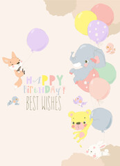 Obraz premium Cartoon Happy Animals flying with Balloons in the Sky