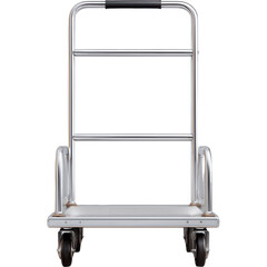 Metal luggage cart with handle and four wheels on black backdrop.
