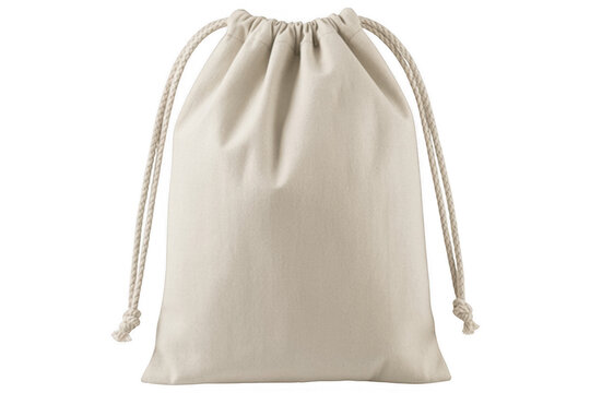 White drawstring bag with long cords fabric textile isolated on a transparent background