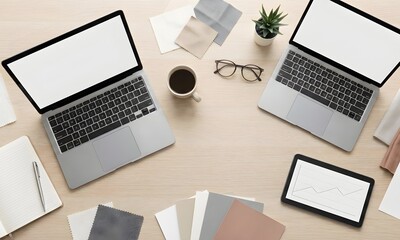 Modern creative workstation with two laptops, tablet, and color swatches