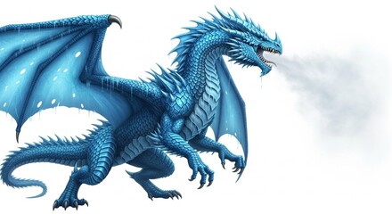 Ice dragon breathing cold mist, frosty scales with visible condensation, crisp frozen air sensation, cool blue highlights, ultra detailed texture, isolated on white background, clean composition