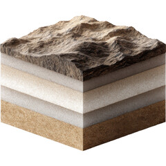 Square cut of earth's crust with visible rock and soil layers.