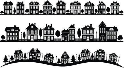 Black silhouette row houses and trees on white background home building architecture