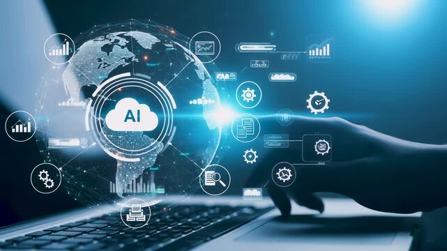 Businessman accessing AI cloud computing data on digital global network. Smart technology interface analyzing business information. Virtual intelligence system for future innovation on laptop.