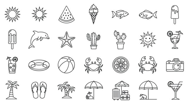 Large collection of summer themed line icons features sun sea creatures travel gear and refreshing food and drinks.