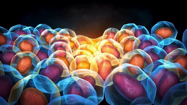 Illuminated dividing cell colonies, Brightly lit cell communities under microscope