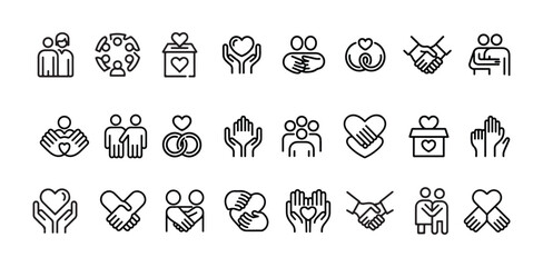 Fototapeta premium Volunteering and friendship line icons collection help support community and partnership vector set