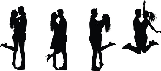 Couple silhouettes in romantic poses embracing kissing and jumping on white background