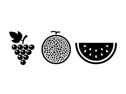 Summer Fruit Icons Collection - Grapes Cantaloupe and Watermelon Isolated on Transparent