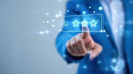 Business professional selecting star rating on a transparent digital interface, symbolizing customer feedback, service evaluation, satisfaction survey, online review, and user experience measurement.