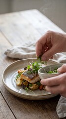 Culinary action preparing gourmet salmon dish home kitchen food photography natural light close-up fresh ingredients