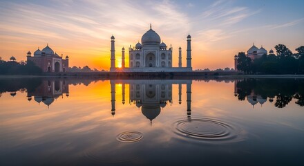 Fototapeta premium Taj Mahal Sunrise Reflection: Majestic Indian Monument at Dawn