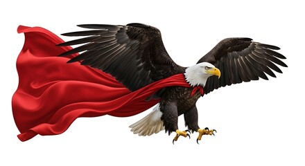 Majestic American bald eagle with white head and brown wings flying as a symbolic wildlife predator against the American flag with sharp beak and feathers isolated in nature