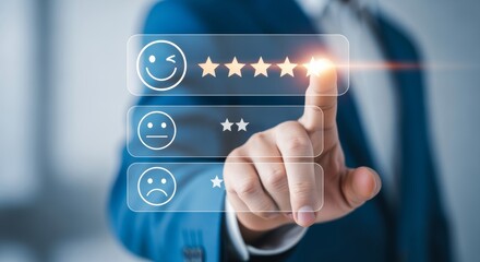 Business professional selecting star rating on a transparent digital interface, symbolizing customer feedback, service evaluation, satisfaction survey, online review, and user experience measurement.