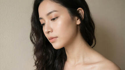 Calm woman with natural beauty and glowing skin captured in a closeup portrait against a neutral background