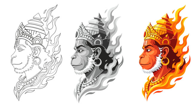 Lord Hanuman Vector Illustration Set - Line Art, Grayscale, and Color Versions