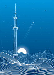 Television tower in mountains of Almaty city. Kok Tobe, Kazakhstan. White outline illustration. Night ladscape. Vector design art