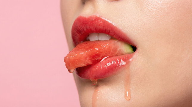 Close-up of lips with glossy red lipstick sensually eating juicy watermelon against a pink background