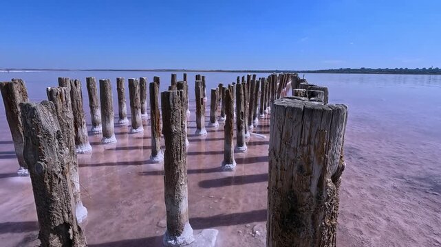 View of the pillars of old salt pans in the Kuyalnik Estuary, Sodium Chloride crystallized on the bottom and wooden poles, Ukraine