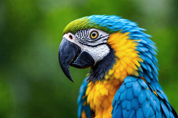 Obraz premium Close-up portrait of a vibrant blue and yellow macaw parrot in lush green foliage