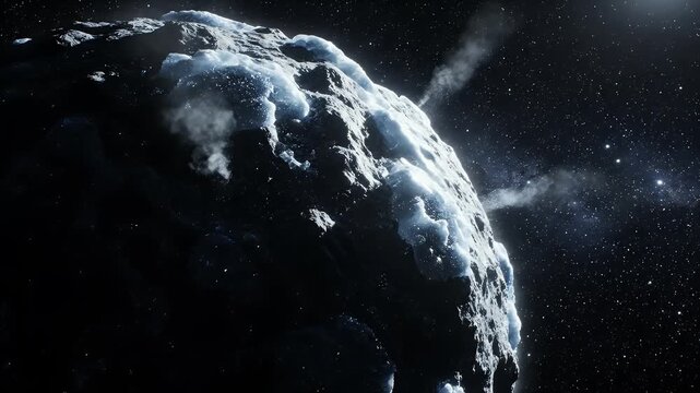 An illustration of a large comet or asteroid showing gaseous vents and a rugged, icy terrain against a dark, star-studded cosmic background