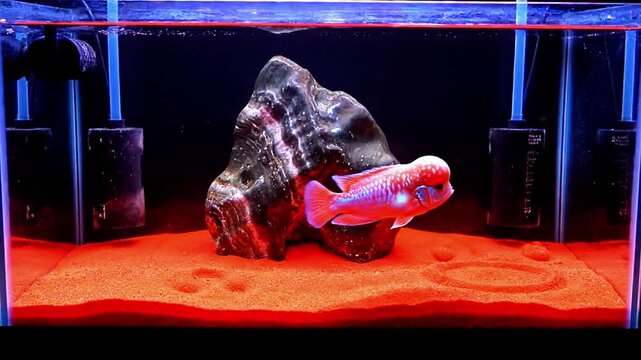 A vibrant red Flowerhorn cichlid fish swimming in a well-lit aquarium with red sand and a dark rock decoration.
