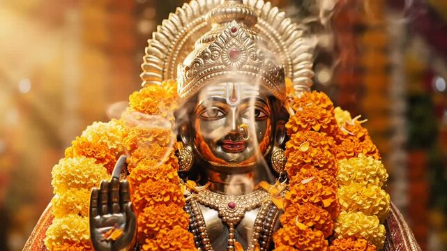 Golden Hindu Goddess Statue Adorned with Marigold Garlands and Incense Smoke